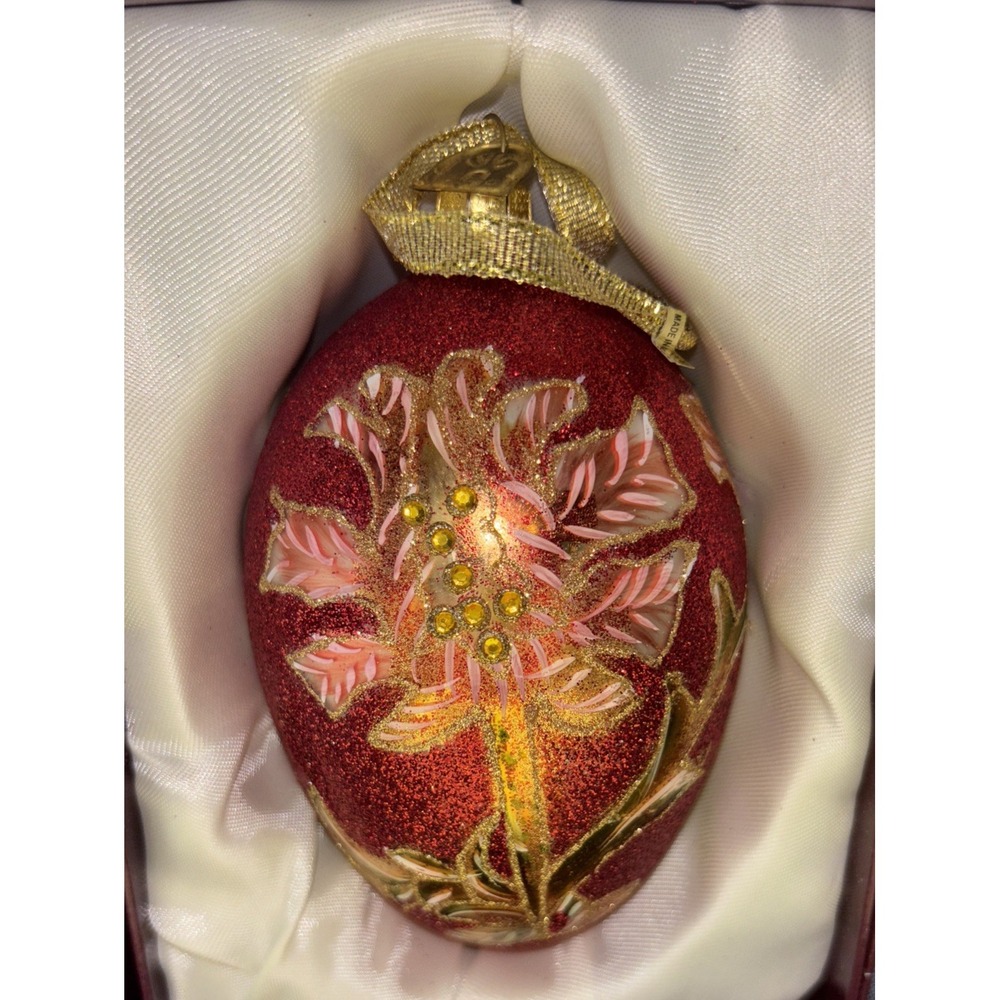 Thomas Pacconni Egg Shaped Glass Ornament Red & Gold Glitter Floral Design 4.5"